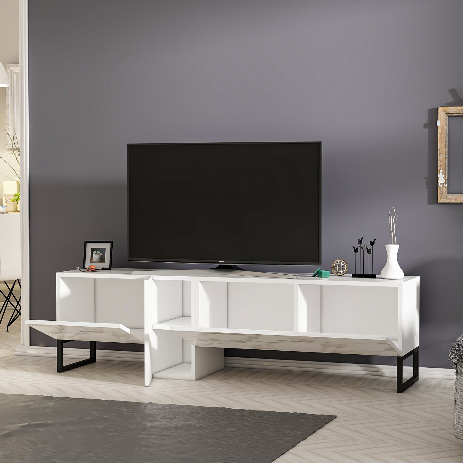TV Lowboard Weiß mit Metall Füße (teil Marmor Optik) 9062