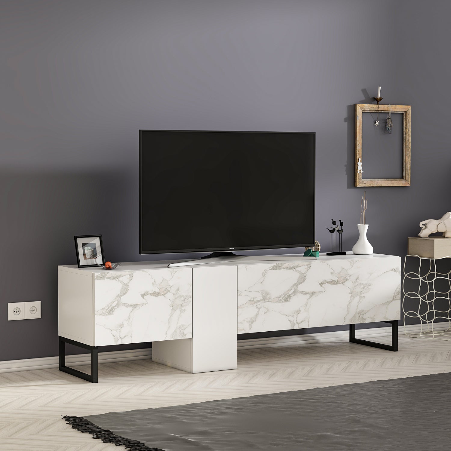 TV Lowboard Weiß mit Metall Füße (teil Marmor Optik) 9062